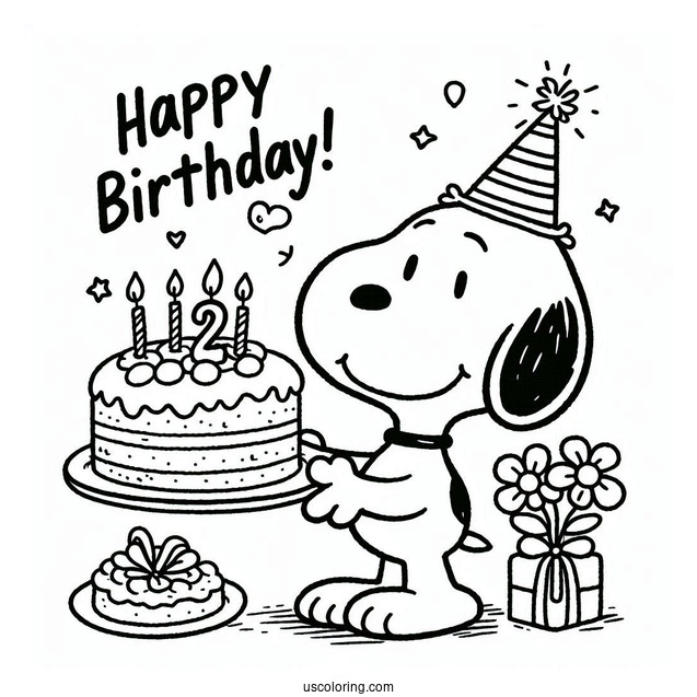 Snoopy With Happy Birthday Cake To Color