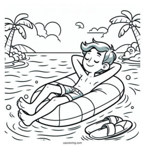 Swimming Coloring Page OF Man Relaxing On An Inflatable For Kids