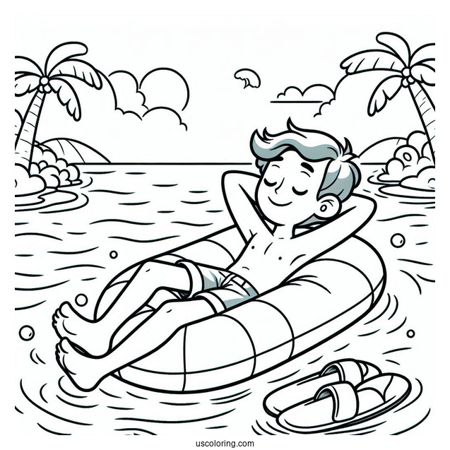 Swimming Coloring Page OF Man Relaxing On An Inflatable For Kids