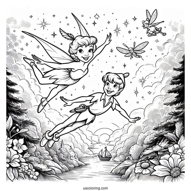 Coloring Sheet Of Peter Pan Flying With Tinker Bell