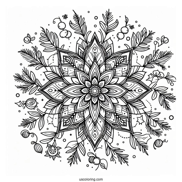 Flower Christmas Mandala Coloring Page Surrounded By Mistletoes