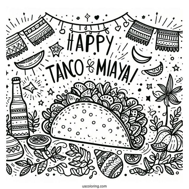 Taco With Happy Cinco De Mayo Greeting Coloring Sheet