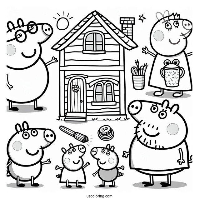 Peppa, Mummy, Daddy, And George Pig With House
