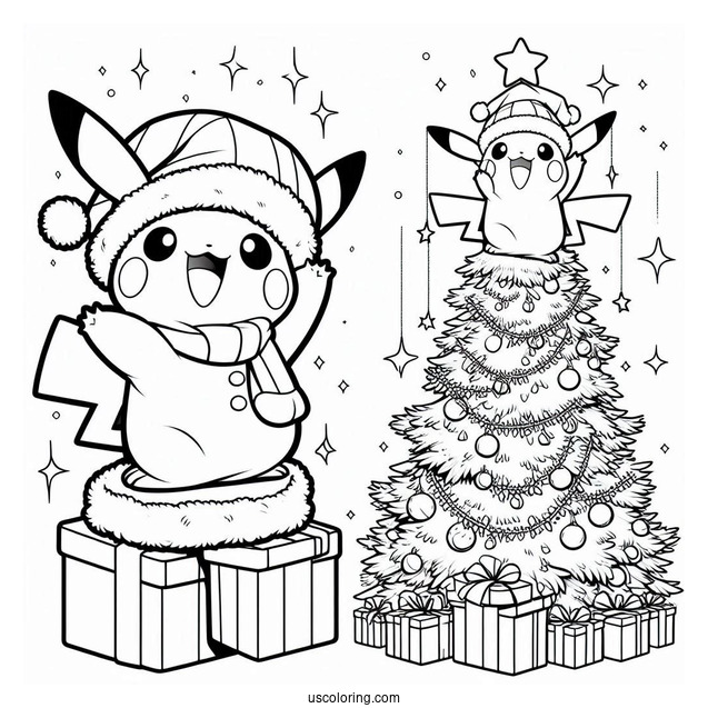 Pokemon Christmas Coloring Page Pikachu Waving From On Top Of A Christmas Tree For Kids