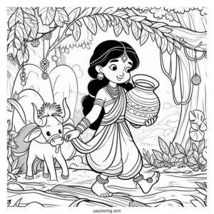 Jungle Book Coloring Page Of Shanti Carrying Clay Pot Over Her Head