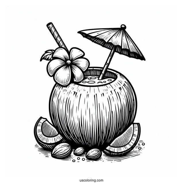 Coconut Coloring Page Piña Colada With Flower And Mini Umbrella