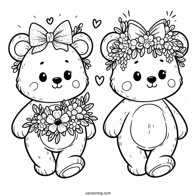 Easy Cartoon Bear With Flower Crown And Bow Spring Coloring Page