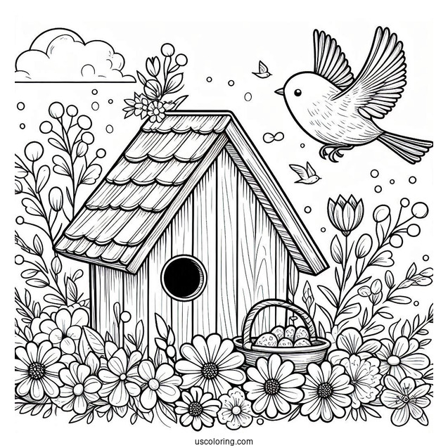 Spring Coloring Page Of Bird House With Flowers And Bird