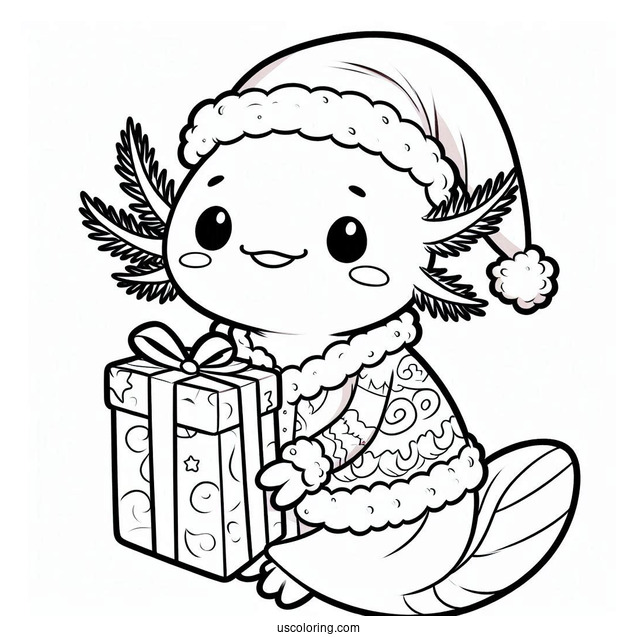 Axolotl Coloring Page In Santa Costume Holding A Present