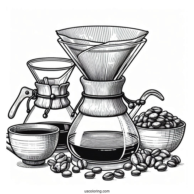 Coffee Coloring Pages Of Outline Of Chemex Coffee Maker With Filter And Bowl Of Beans