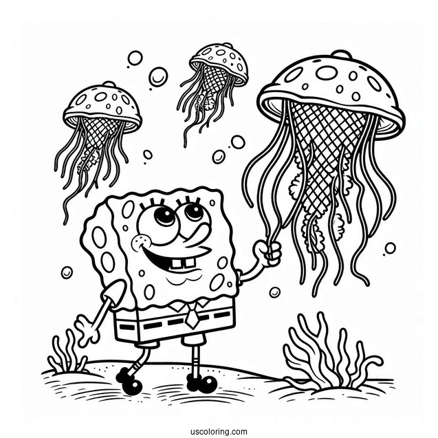 SpongeBob Catching Jellyfish With Net To Color