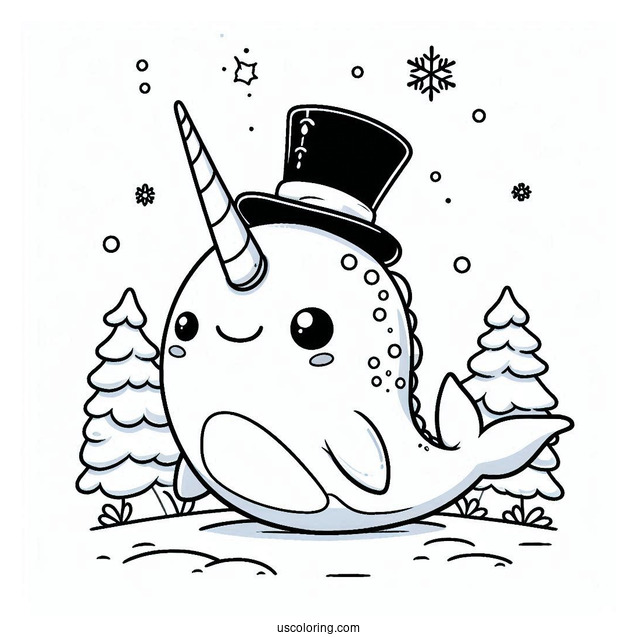 Narwhal Coloring Page With Top Hat Standing With Stitch In The Snow