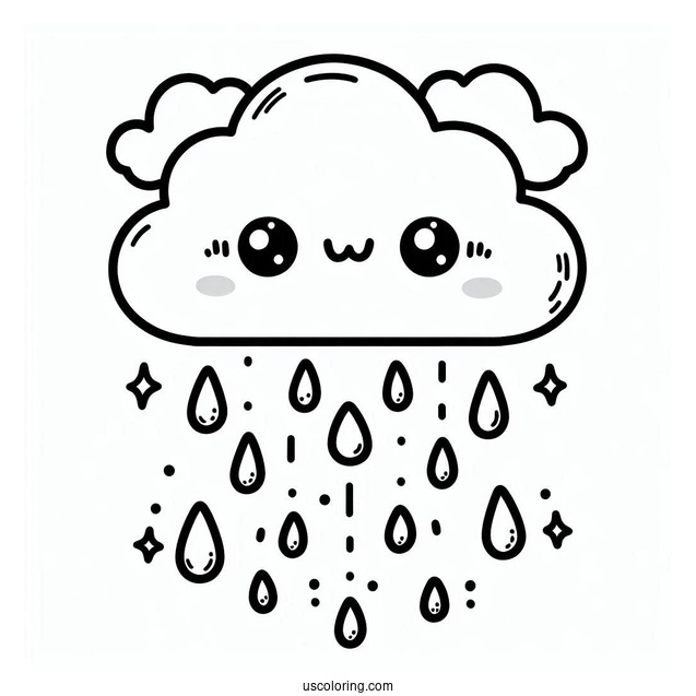 Rain Coloring Page Of Kawaii Raindrops Falling From Cloud For Preschoolers
