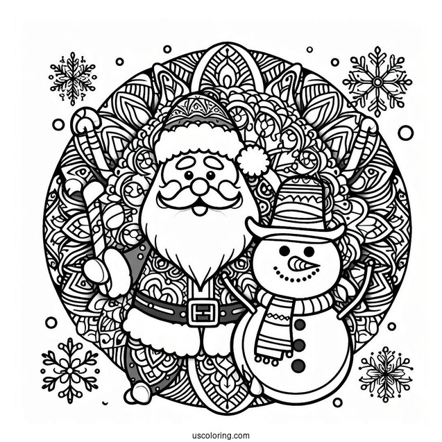 Santa Claus With Snowman And Christmas Mandala Coloring Page