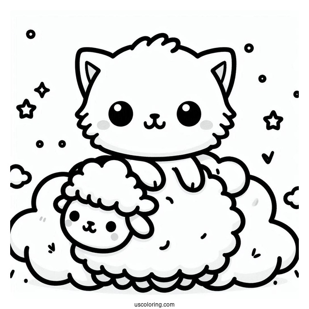 Kawaii Cat Sitting On A Fluffy Sheep Coloring Page