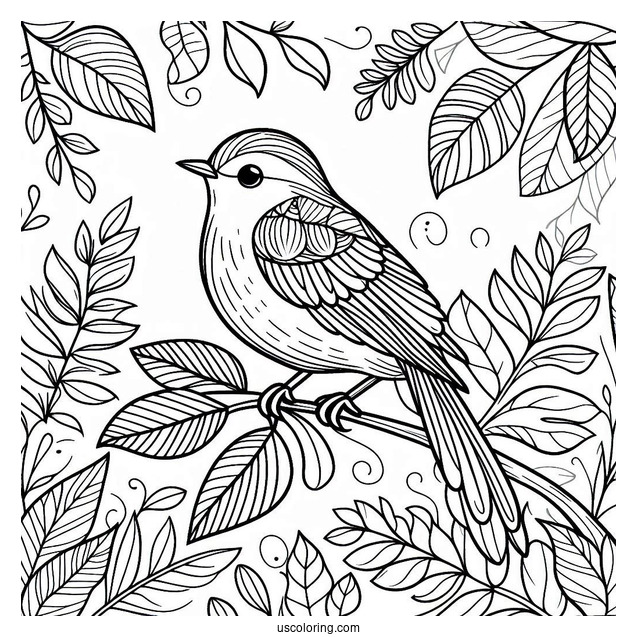 Easy Outline Of Bird Perched On Leaf In Jungle Coloring Page