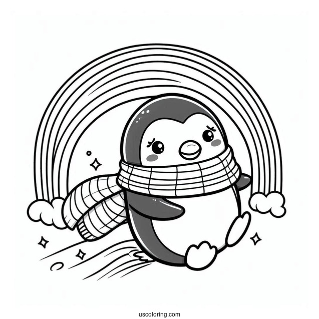 Cute Penguin With A Scarf Sliding Down A Rainbow