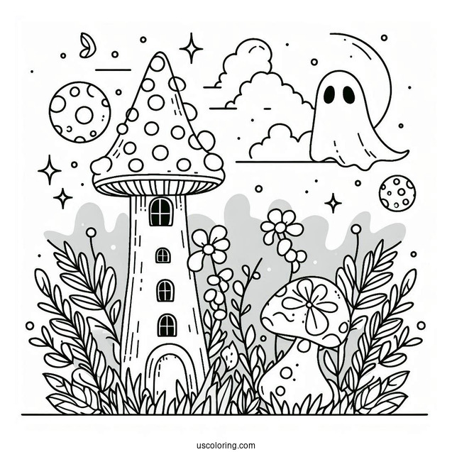 Mushroom Coloring Page Tower With Ghost And Floral Backgrounds