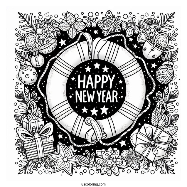 Life Buoy Ring With Happy New Year Coloring Page Of Words And Stars