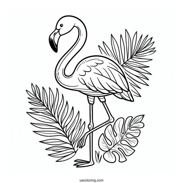 Summer Themed Flamingo With Tropical Leaves