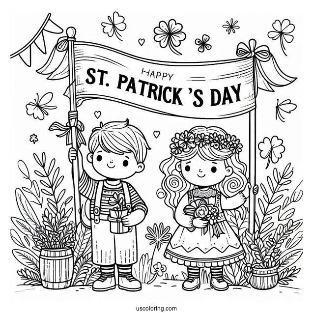 St. Patrick's Day Coloring Page Kids Holding Of A St Patrick s Day Banner