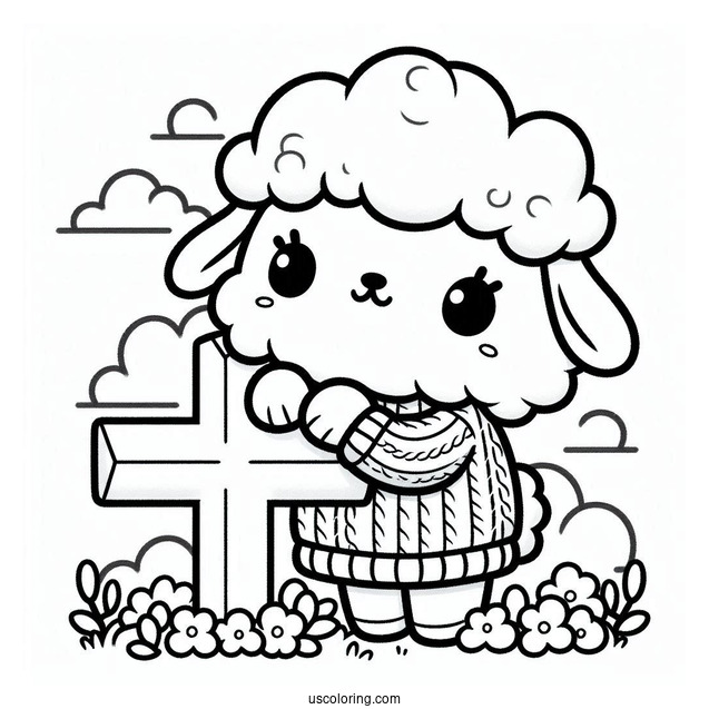Kawaii Sheep In Sweater Leaning Over A Small Cross Coloring Page For Kids