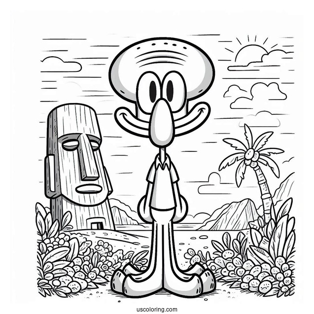 Squidward Coloring Page Standing In Front Of Moai House