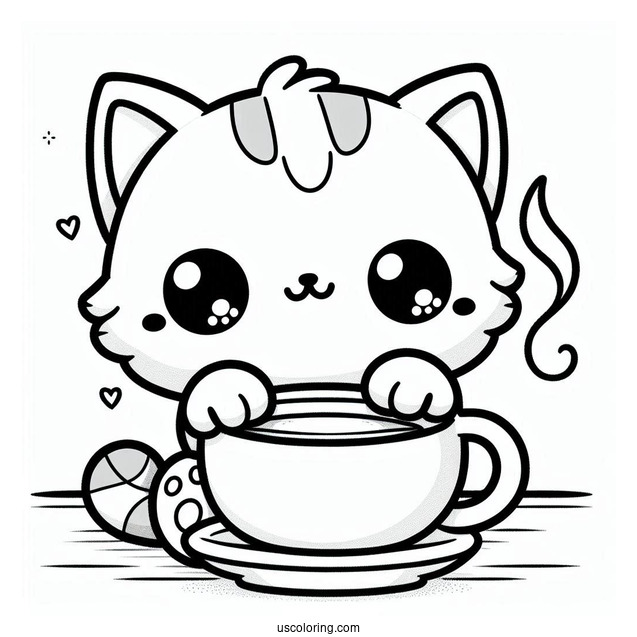 Kawaii Kitten Holding A Steaming Cup Of Coffee Coloring Page