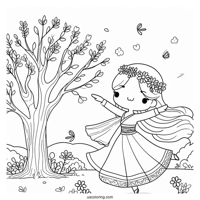 Woman Dancing Under A Tree Cute Coloring Page