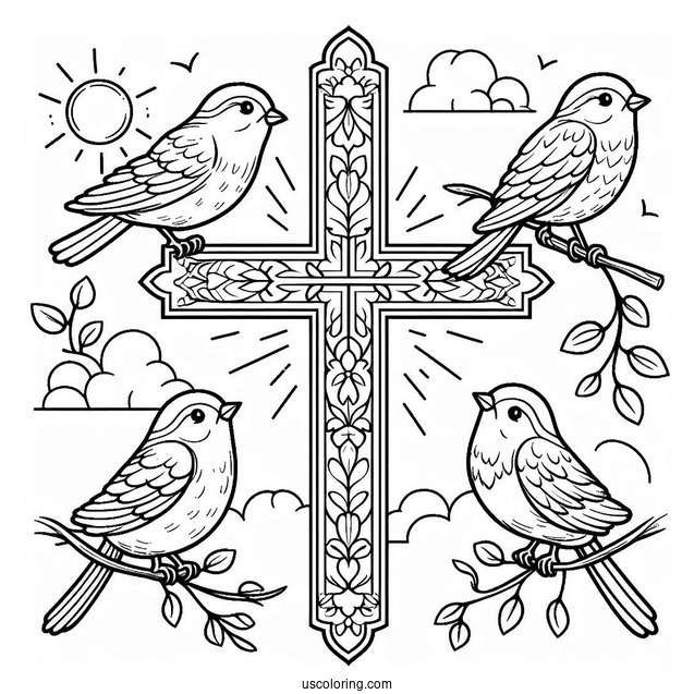 Four Birds Perched On A Cross Coloring Page