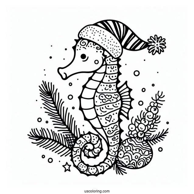 Christmas Themed Seahorse To Color