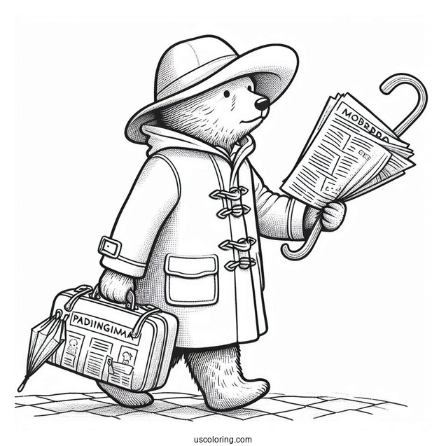 Paddington Coloring Page Carrying His Suitcase, Umbrella, And Newspapers While Walking On The Sidewalk