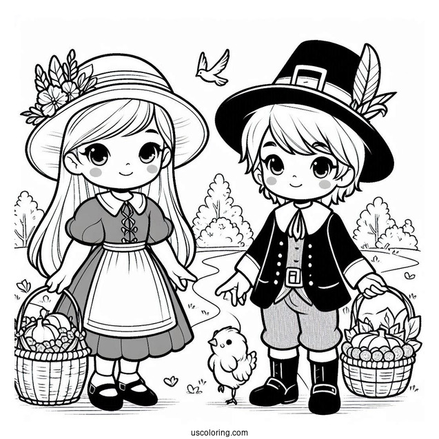Adorable Girl And Boy Pilgrim Coloring Page