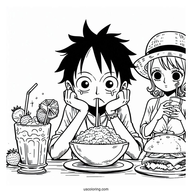 Luffy Coloring Page Eating And Drinking With Nami