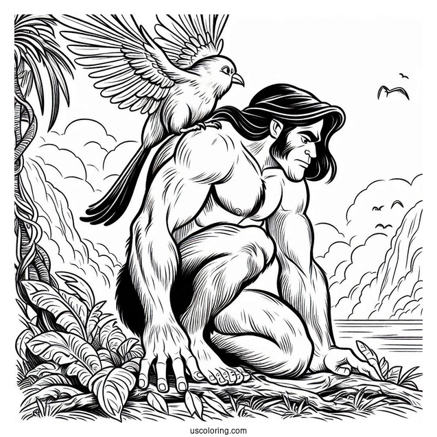 Tarzan Coloring Page Of Adult Tantor With Bird On His Back