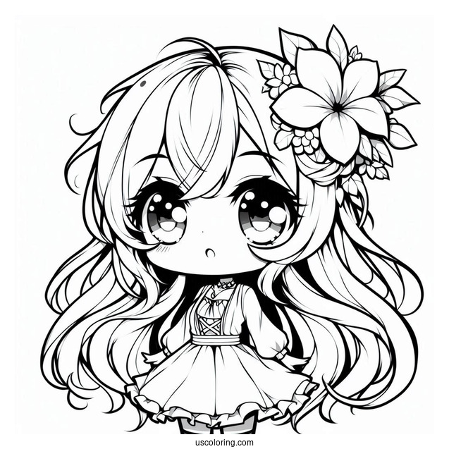 Chibi Anime Girl With Flower In Her Hair Coloring Sheet