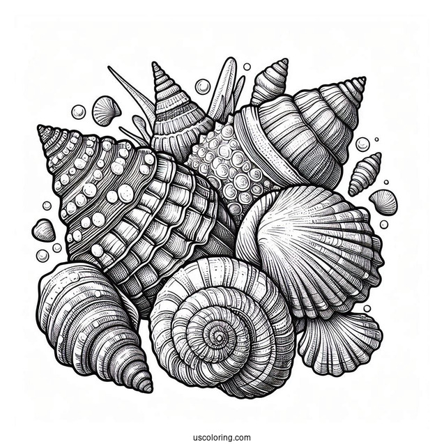 Summer Coloring Page Of Full Page Realistic Seashells
