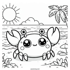 Kawaii Crab On The Beach Coloring Sheet For Kids