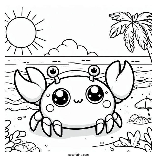 Kawaii Crab On The Beach Coloring Sheet For Kids