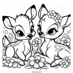 Coloring Sheet Of Bambi With Thumper And Flower