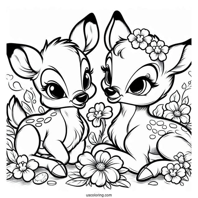 Coloring Sheet Of Bambi With Thumper And Flower