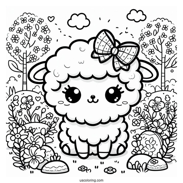 Kawaii Sheep With A Bow Sitting In The Middle Of A Garden In Spring