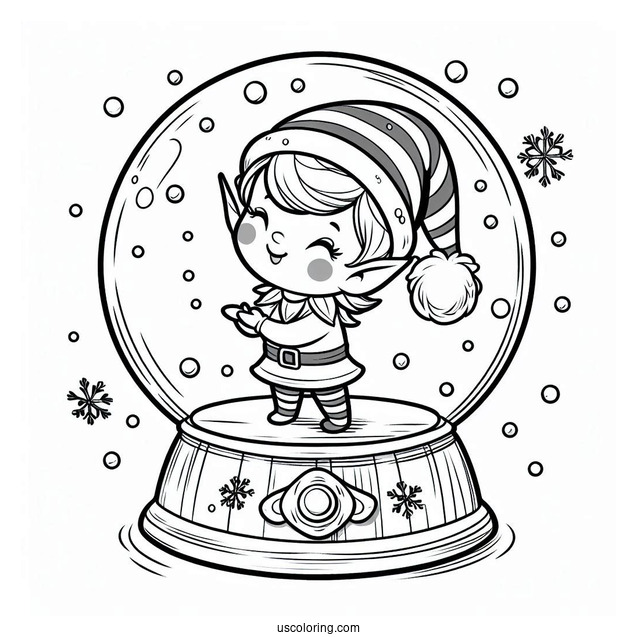 Cheerful Elf Snow Globe Coloring Page