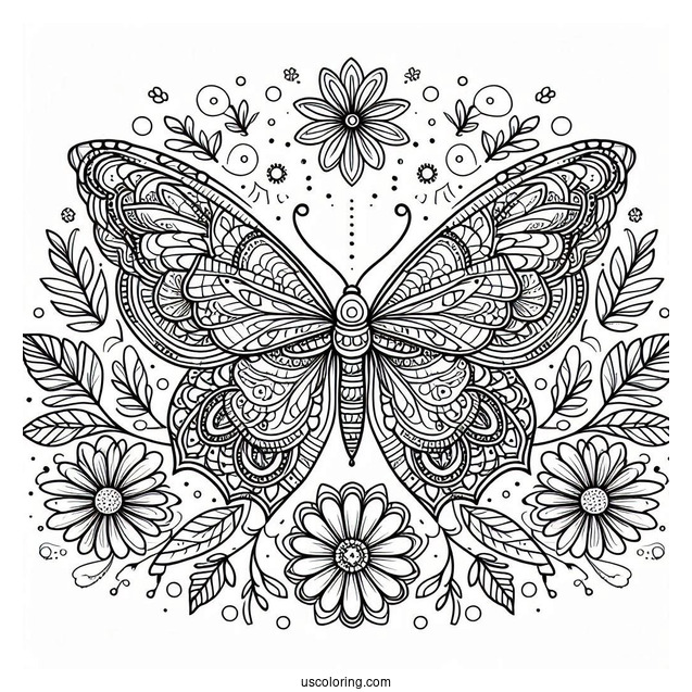 Grand Butterfly Coloring Page Mandala With Flowers And Leaves