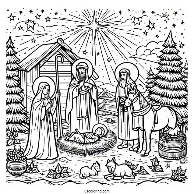 Easy Nativity Coloring Page Scene For Kids