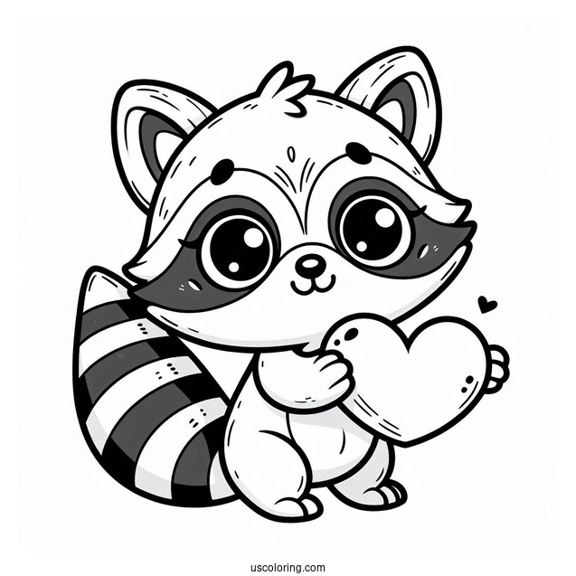 Cartoon Raccoon Coloring Page Holding A Love Heart