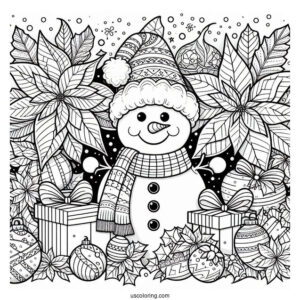 Christmas Coloring Pages For Adults Of Smiling Snowman In Front Of Christmas Poinsettia Mandala