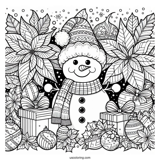 Christmas Coloring Pages For Adults Of Smiling Snowman In Front Of Christmas Poinsettia Mandala