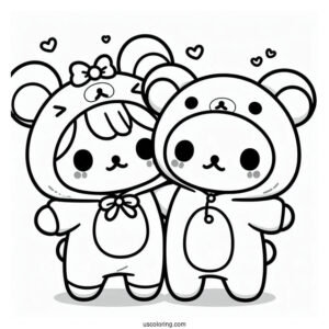 Friends Hugging Rilakkuma Coloring Page In Onesie Costume For Kids