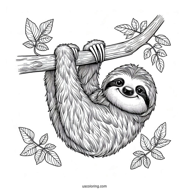Smiling Sloth Hanging From Tree Branch To Color